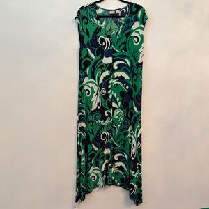 Chico's travelers Green, Navy & White Swirl Maxi Dress. Shark bite hem